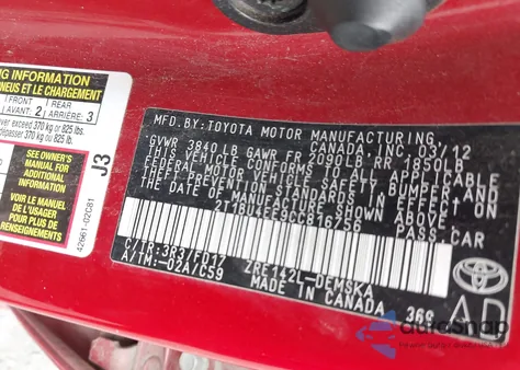 2012 Toyota Corolla S z USA, uszkodzony, nr VIN 2T1BU4EE9CC816756